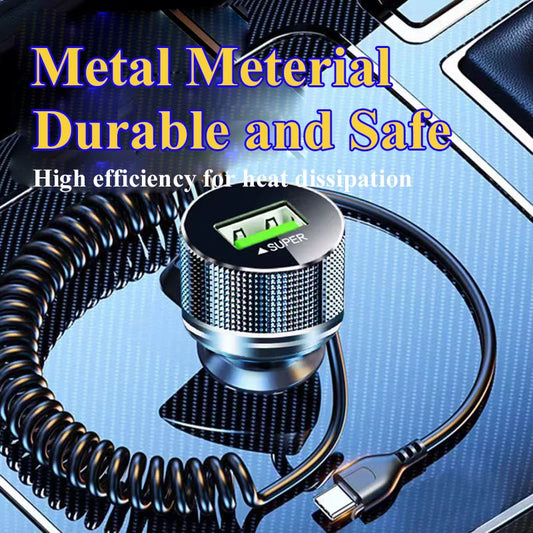 Metal USB Car Charger with Type C Cable 12V Super Fast Charging