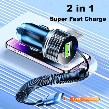 Metal USB Car Charger with Type C Cable 12V Super Fast Charging