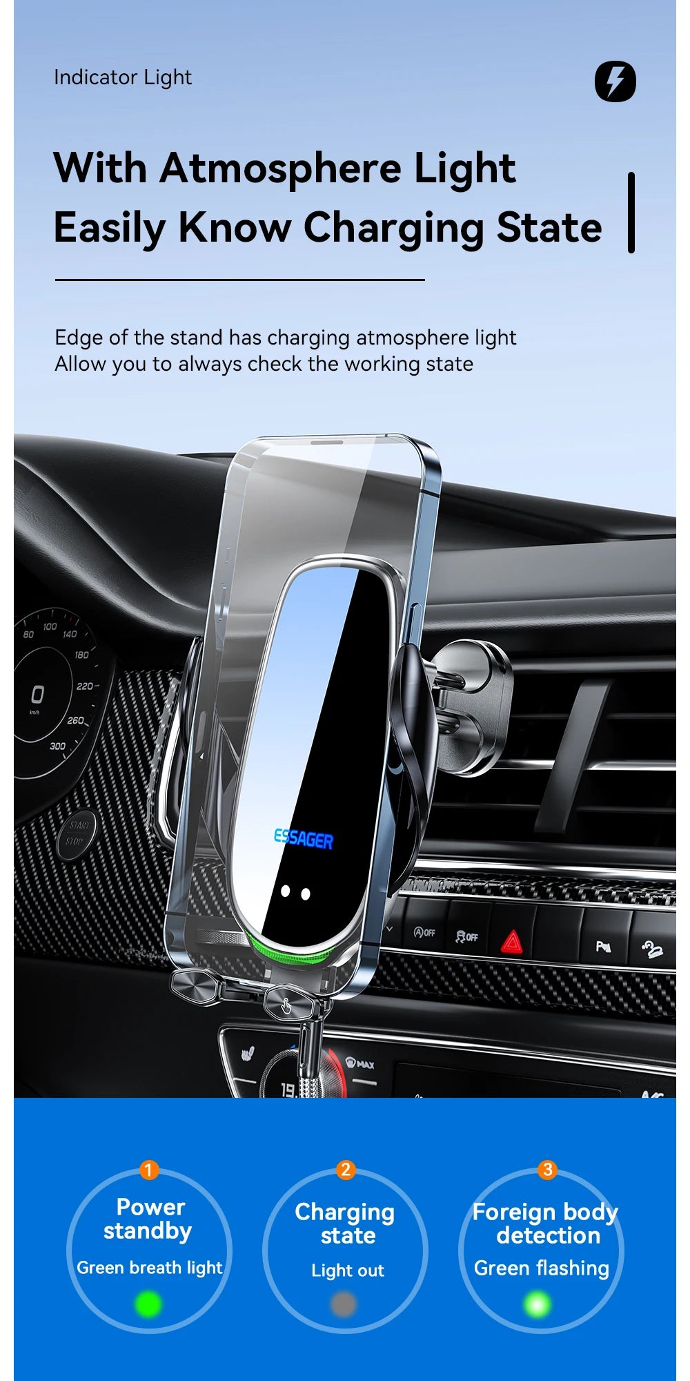Essager Qi 15W Wireless Charger Car Phone Holder In Car Air Vent