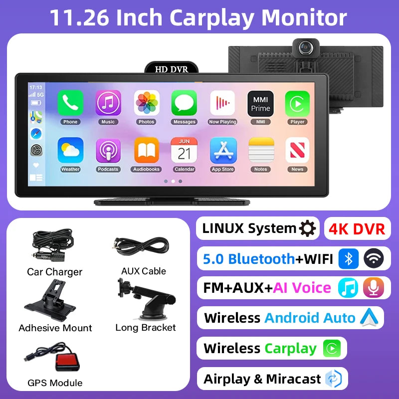 10/11.26 Inch 4K DVR Wireless CarPlay & Android Auto Dash Cam