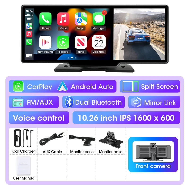 10/11.26 inch Dash Cam 4K Car DVR Wireless Carplay & Android Auto GPS
