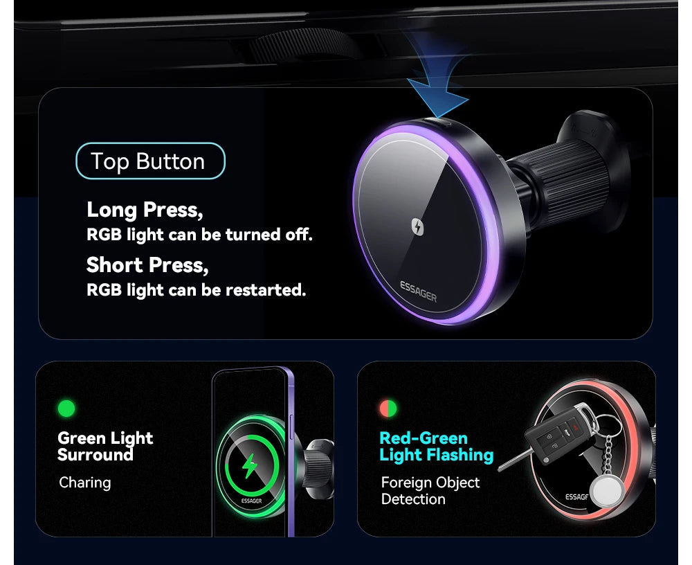 Essager Magnetic Car Phone Holder 15W Wireless Charger Stand