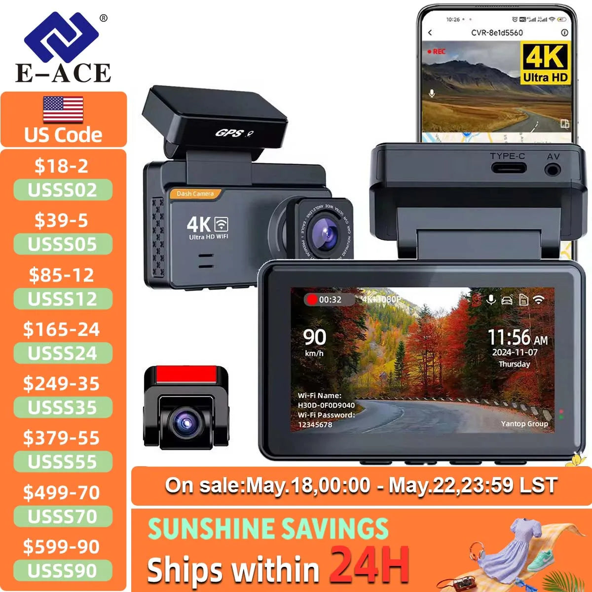 E-ACE Dash Cam 4K 3 Inch Mini Car Dvr Dual Lens