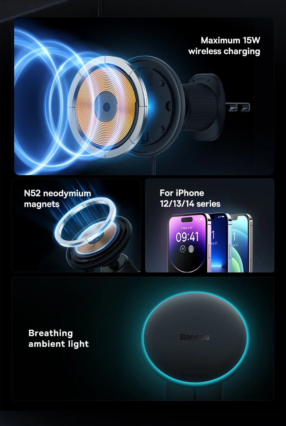 15W Fast Charging Car Charger Holder Magnetic Car Phone Holder