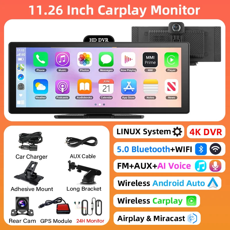 10/11.26 Inch 4K DVR Wireless CarPlay & Android Auto Dash Cam