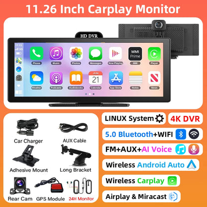 10/11.26 Inch 4K DVR Wireless CarPlay & Android Auto Dash Cam