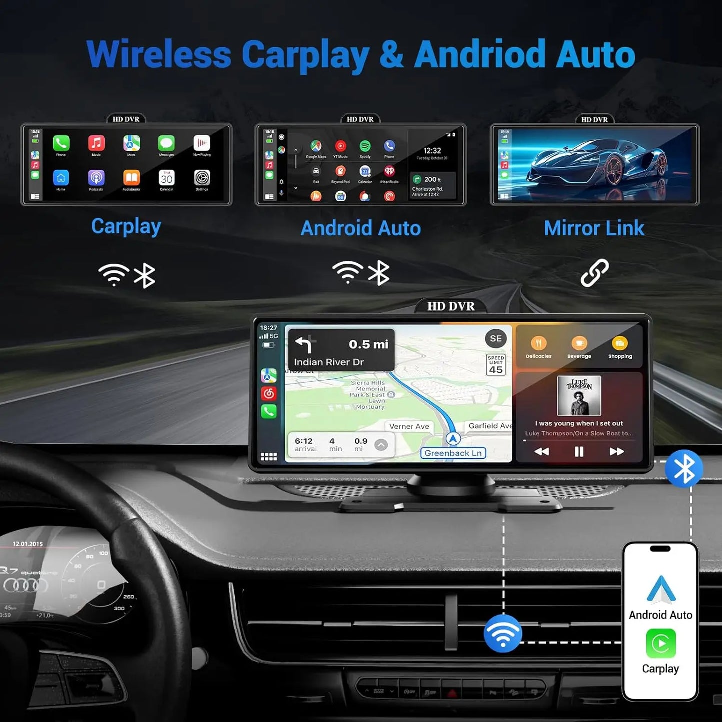 10/11.26 Inch 4K DVR Wireless CarPlay & Android Auto Dash Cam