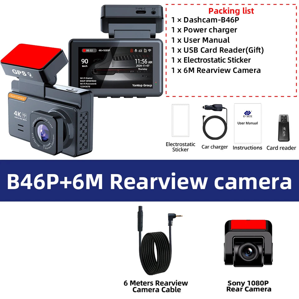 E-ACE Dash Cam 4K 3 Inch Mini Car Dvr Dual Lens