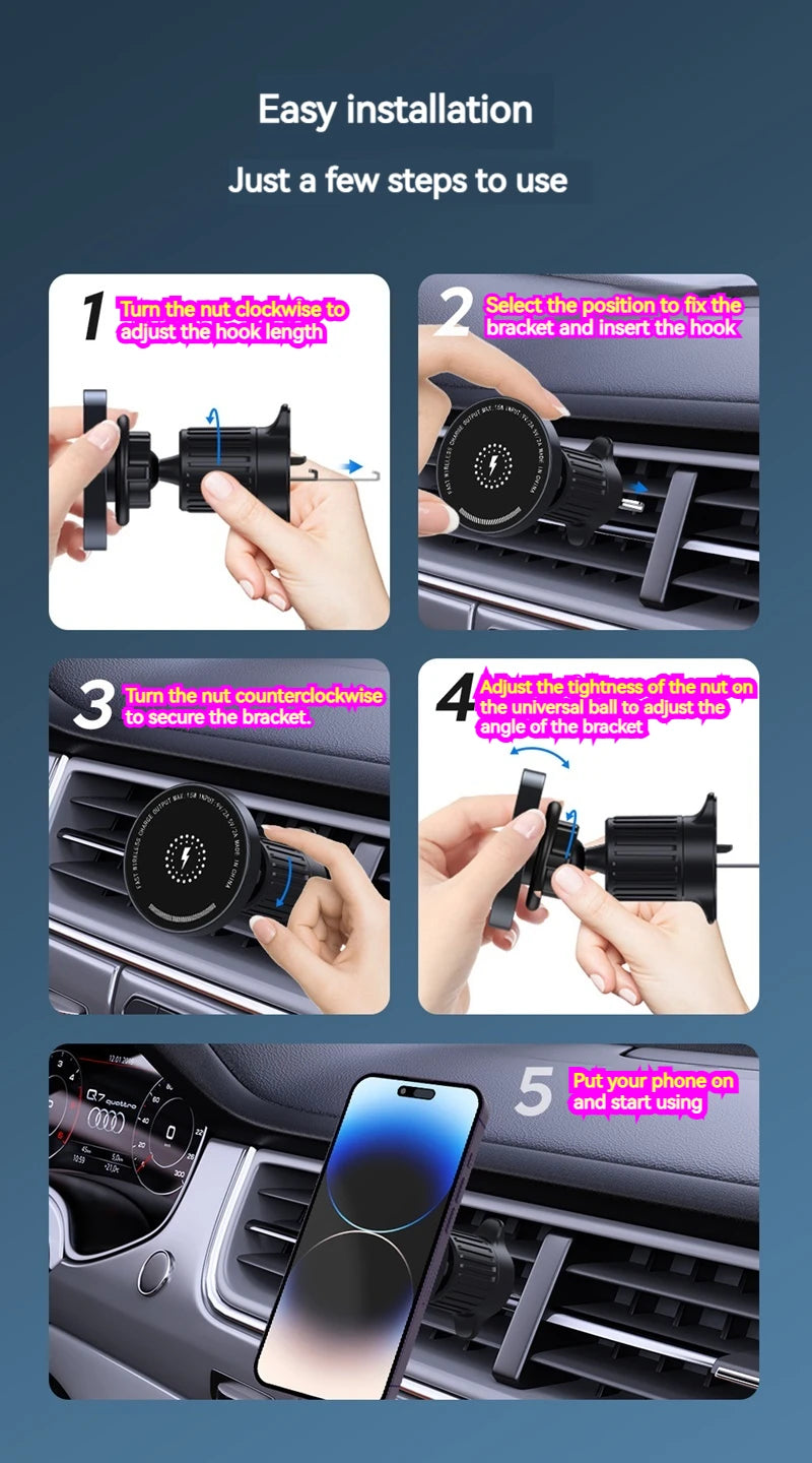 15W Car Magnetic Wireless Charger Holder with Metal Body - Fits Vent