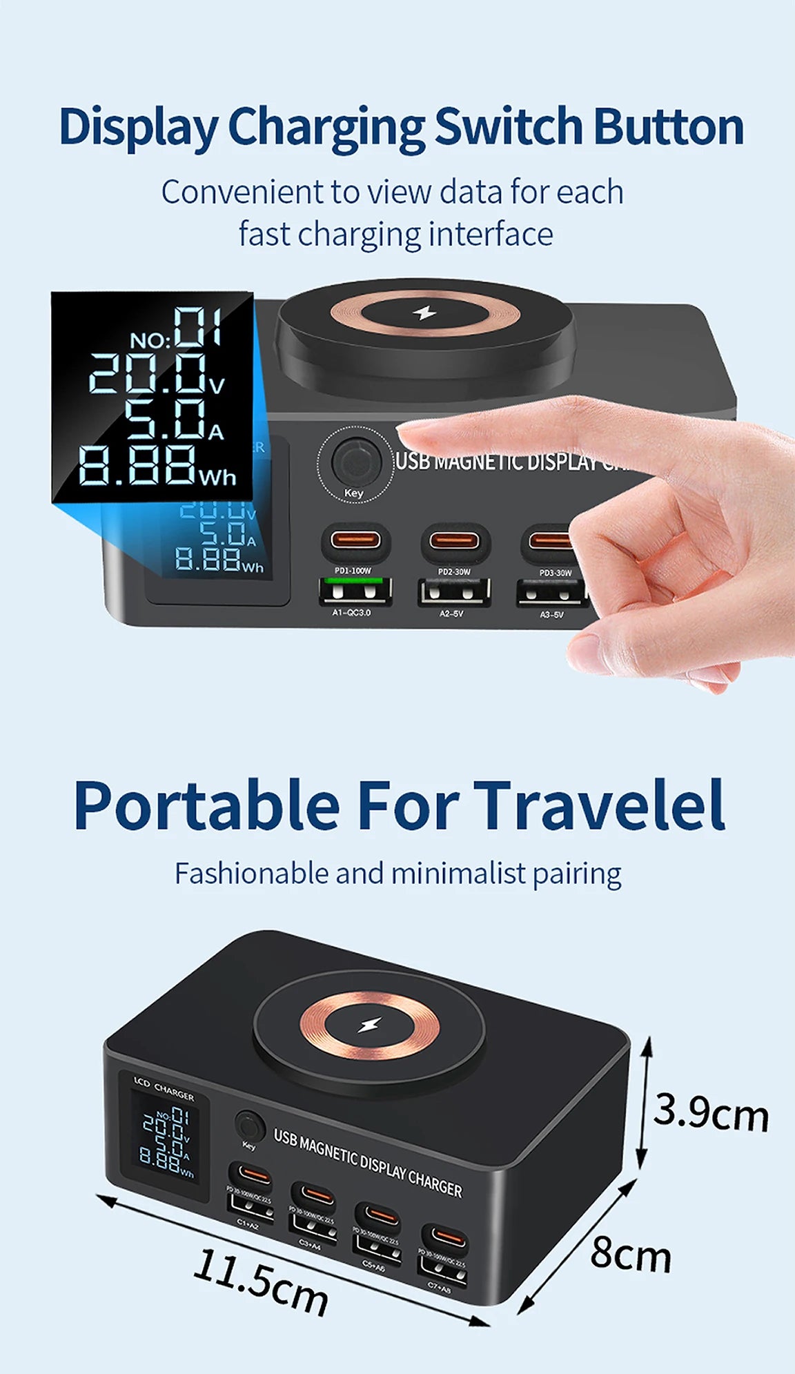 220W GaN USB Type C Fast Charger Portable Charging Station Charger