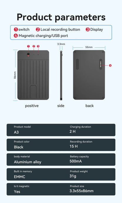 Ultra-Thin 180 Languages AI Voice Recorder Online Translator