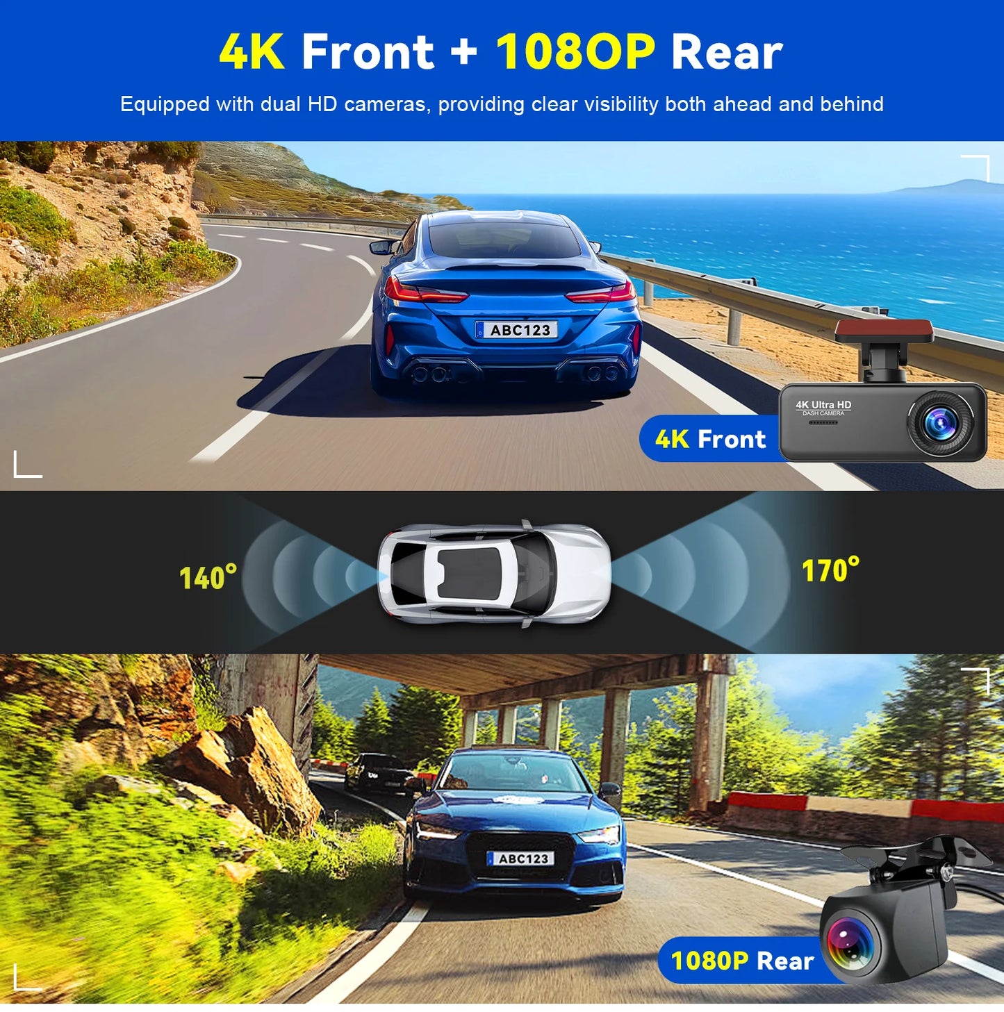 4K UHD WiFi Dash Cam for Car DVR Camera Front and Rear Dual Video