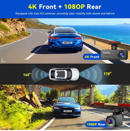 4K UHD WiFi Dash Cam for Car DVR Camera Front and Rear Dual Video
