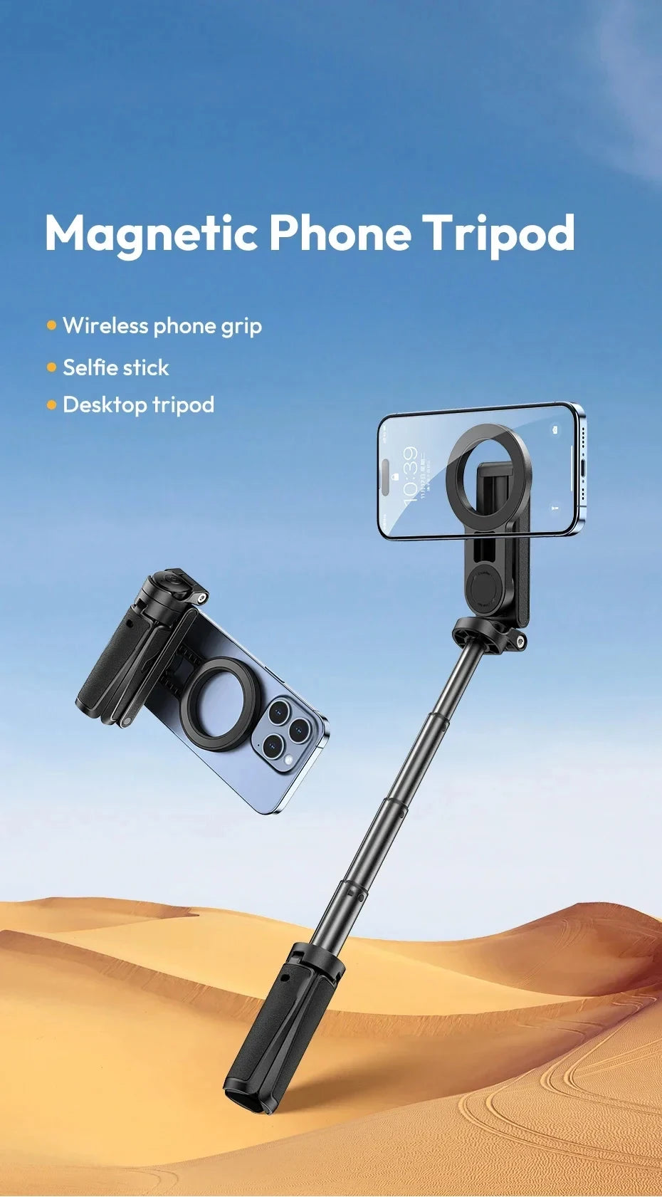 Magnetic Phone Tripod Wireless Phone Grip Selfie Stick