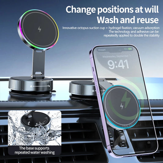 Car Phone Holder with RGB Light Wireless Car Charger Phone Holder