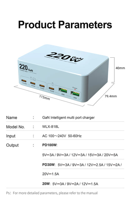 220W GaN USB Type C Fast Charger Portable Charging Station Charger