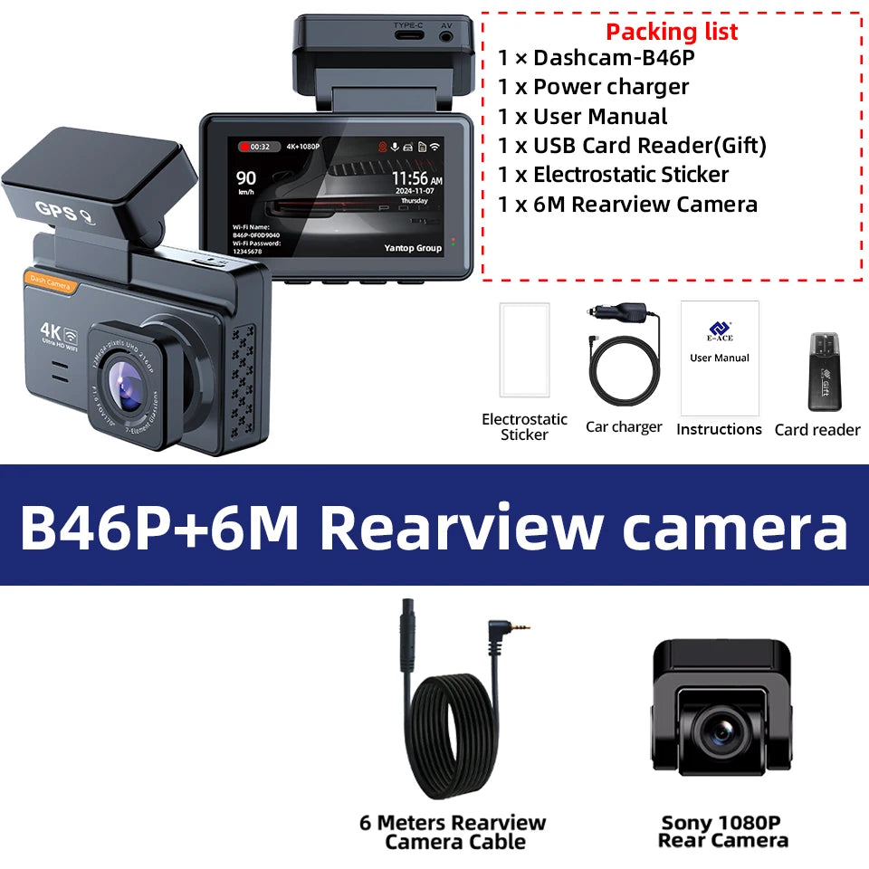 E-ACE Dash Cam 4K 3 Inch Mini Car Dvr Dual Lens