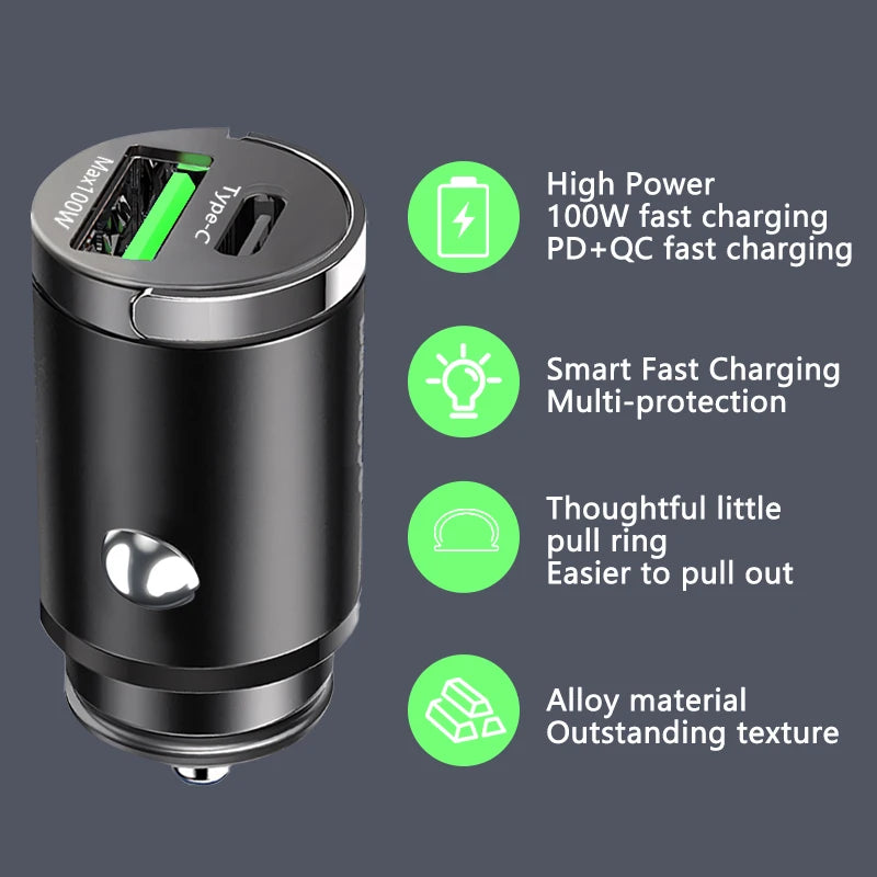 100W Mini Car Charger Lighter Fast Charging Phone Charger