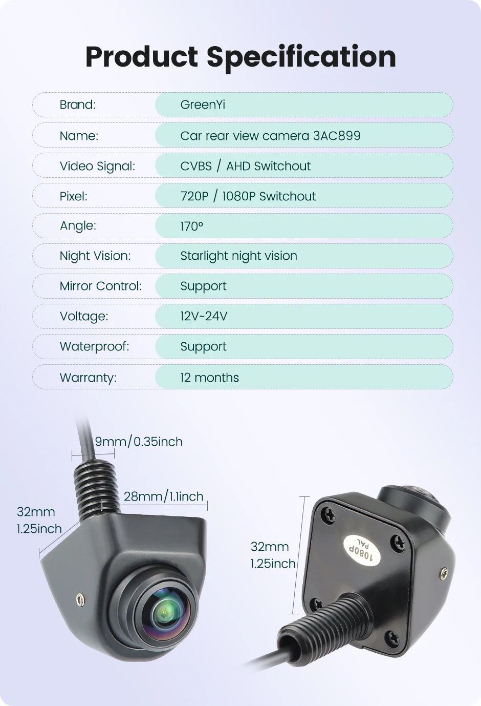 GreenYi 170° AHD Car Rear View Camera Mini Side/Front/Backup