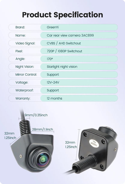 GreenYi 170° AHD Car Rear View Camera Mini Side/Front/Backup