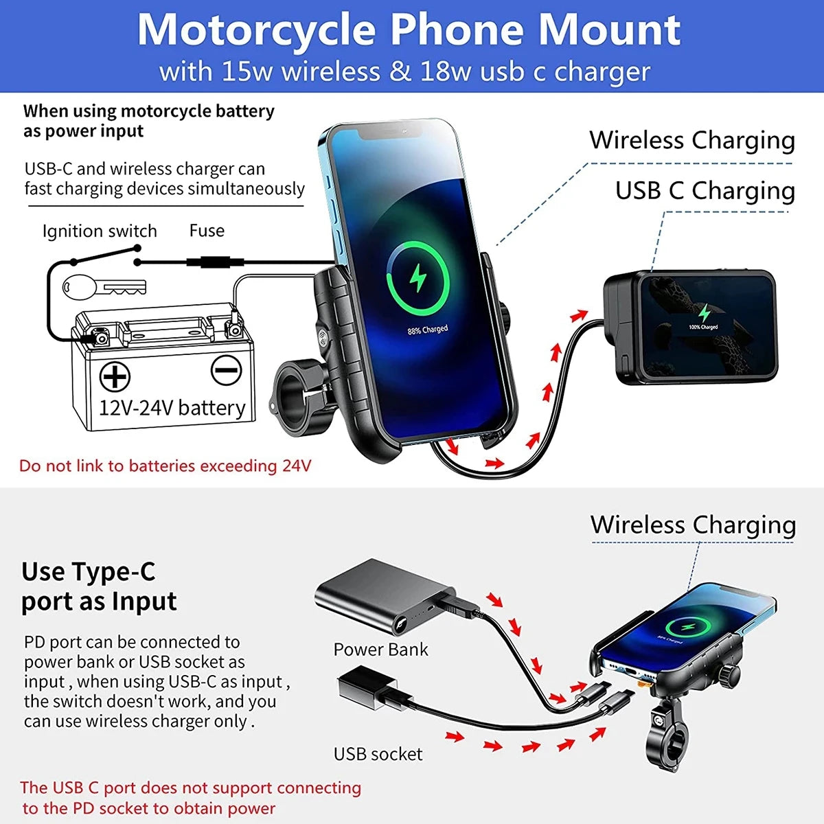 Motorcycle Phone Holder Wireless Charging Cradle 3.0 Quick Charger