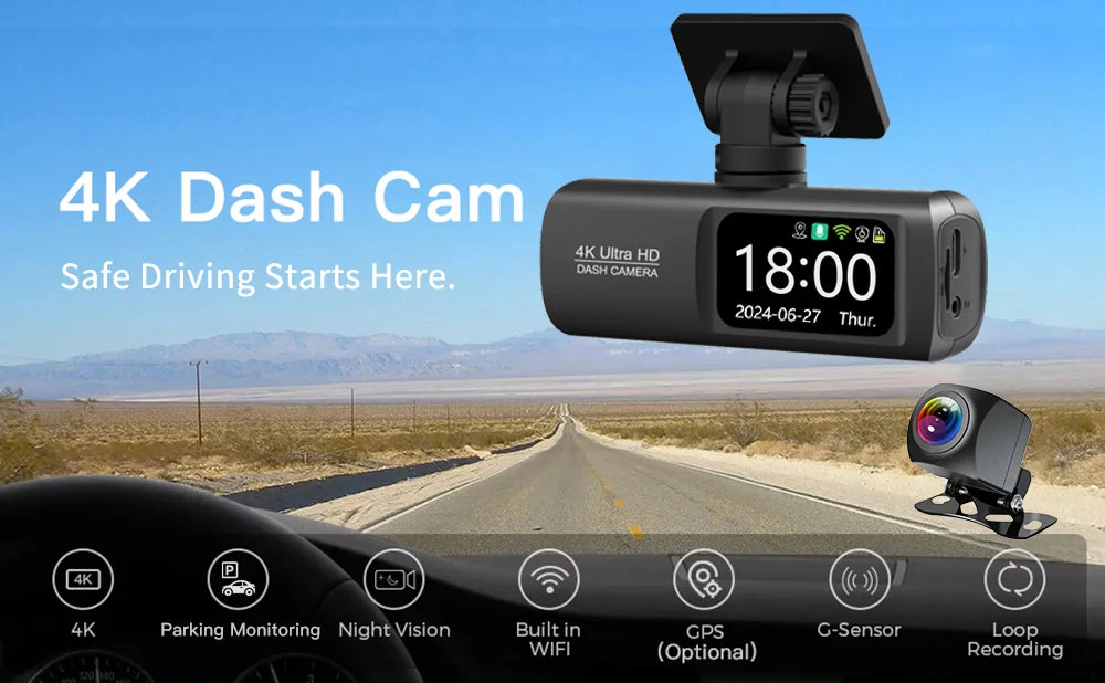 UHD 4K Dash Cam Dual Lens Driving Recorder Car DVR 1080P Rear Lens