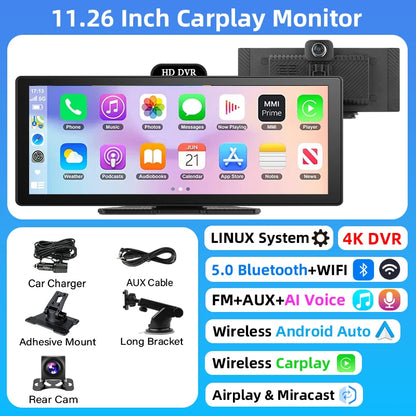 10/11.26 Inch 4K DVR Wireless CarPlay & Android Auto Dash Cam