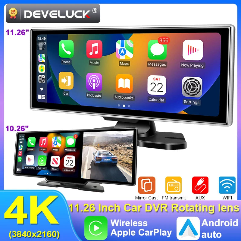 10/11.26 inch Dash Cam 4K Car DVR Wireless Carplay & Android Auto GPS