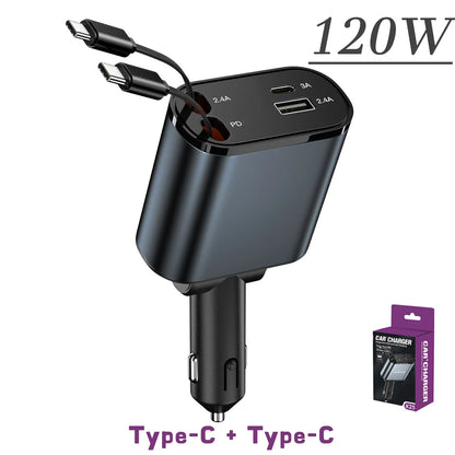 4 IN 1 Retractable Car Charger Mobile Phone USB PD Type C