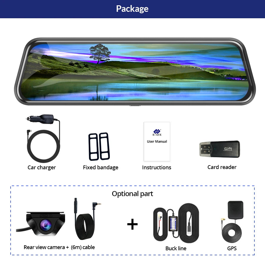E-ACE 2K Car DVR WIFI GPS Stream Media Mirror Optional