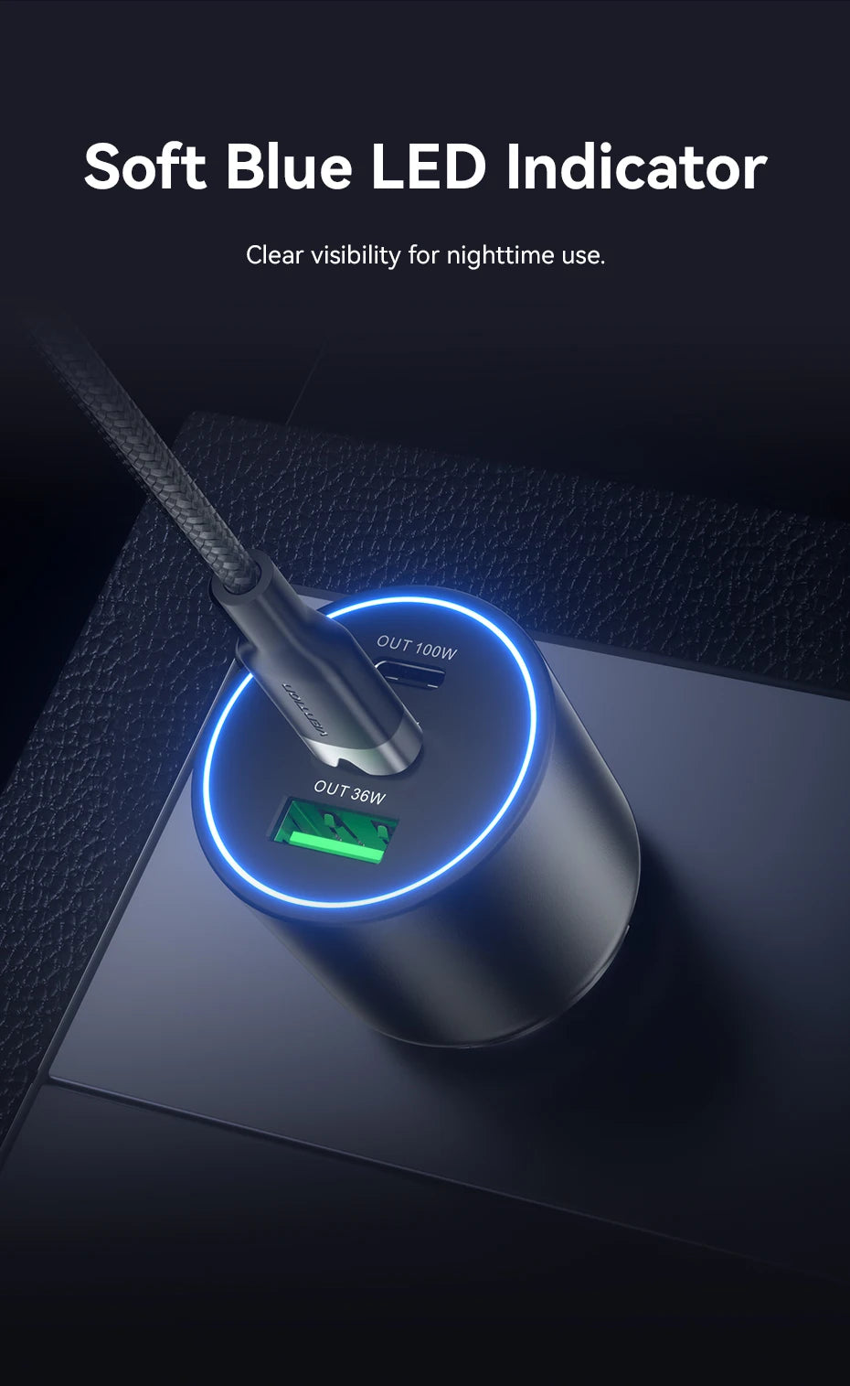 Vention 165W USB C Car Charger 3-Port Charging Adapter