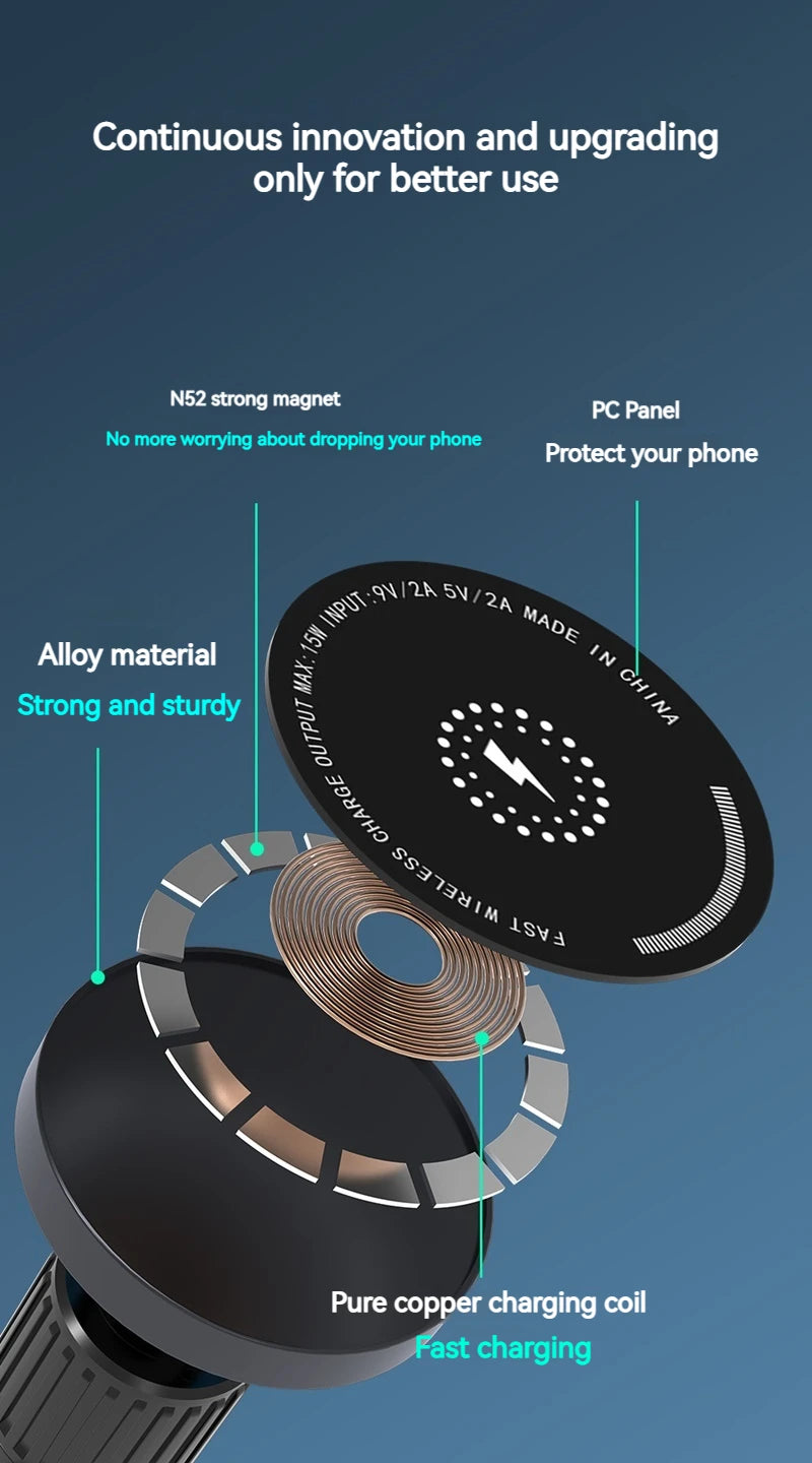 15W Car Magnetic Wireless Charger Holder with Metal Body - Fits Vent