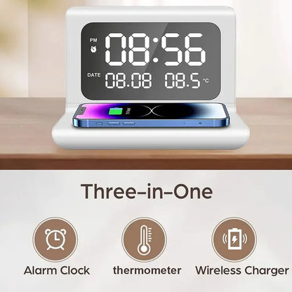 Fast Wireless Charger Pad Stand with Alarm Clock & Thermometer