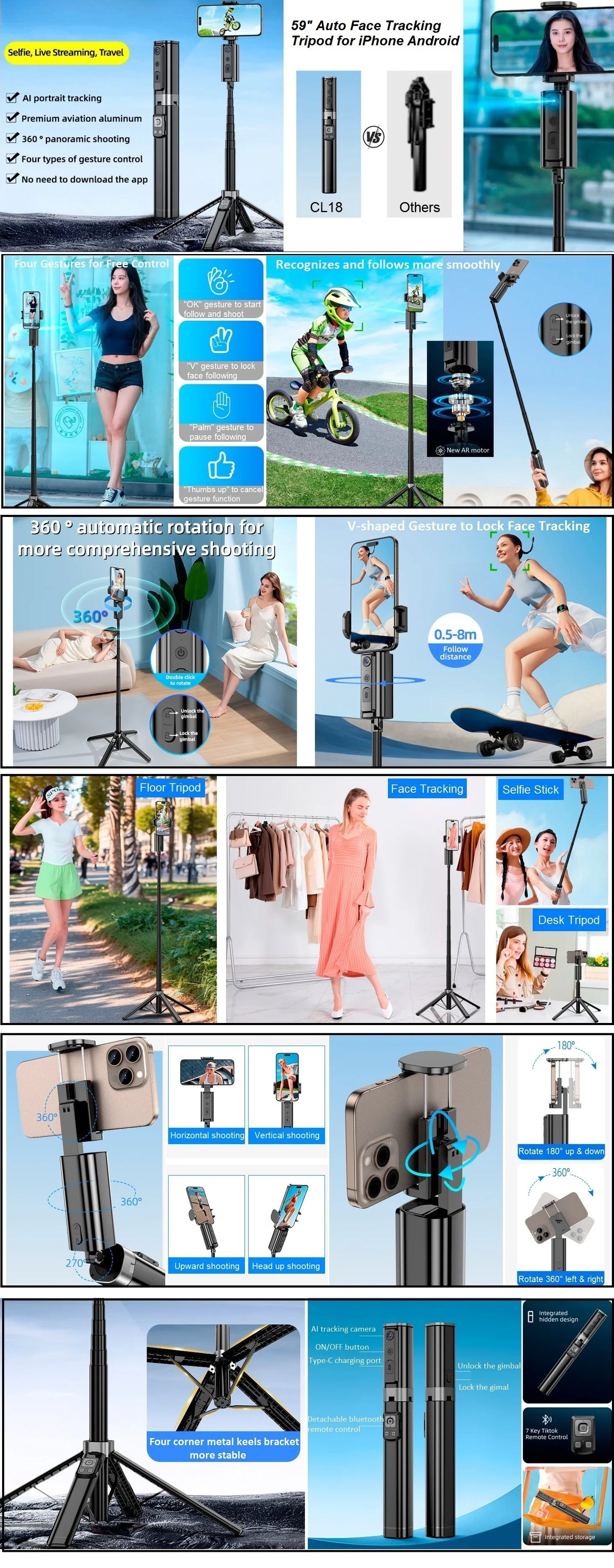 Auto Face Tracking Tripod Selfie Stick 360° Rotation Phone Holder