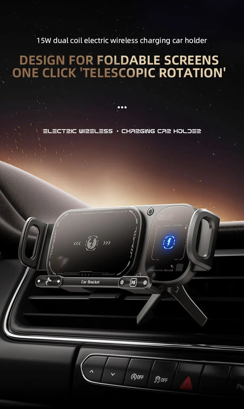 Dual Coil Foldable Phone Holder Car 15W Wireless Charger