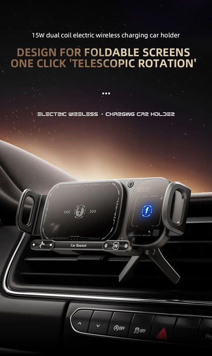 Dual Coil Foldable Phone Holder Car 15W Wireless Charger