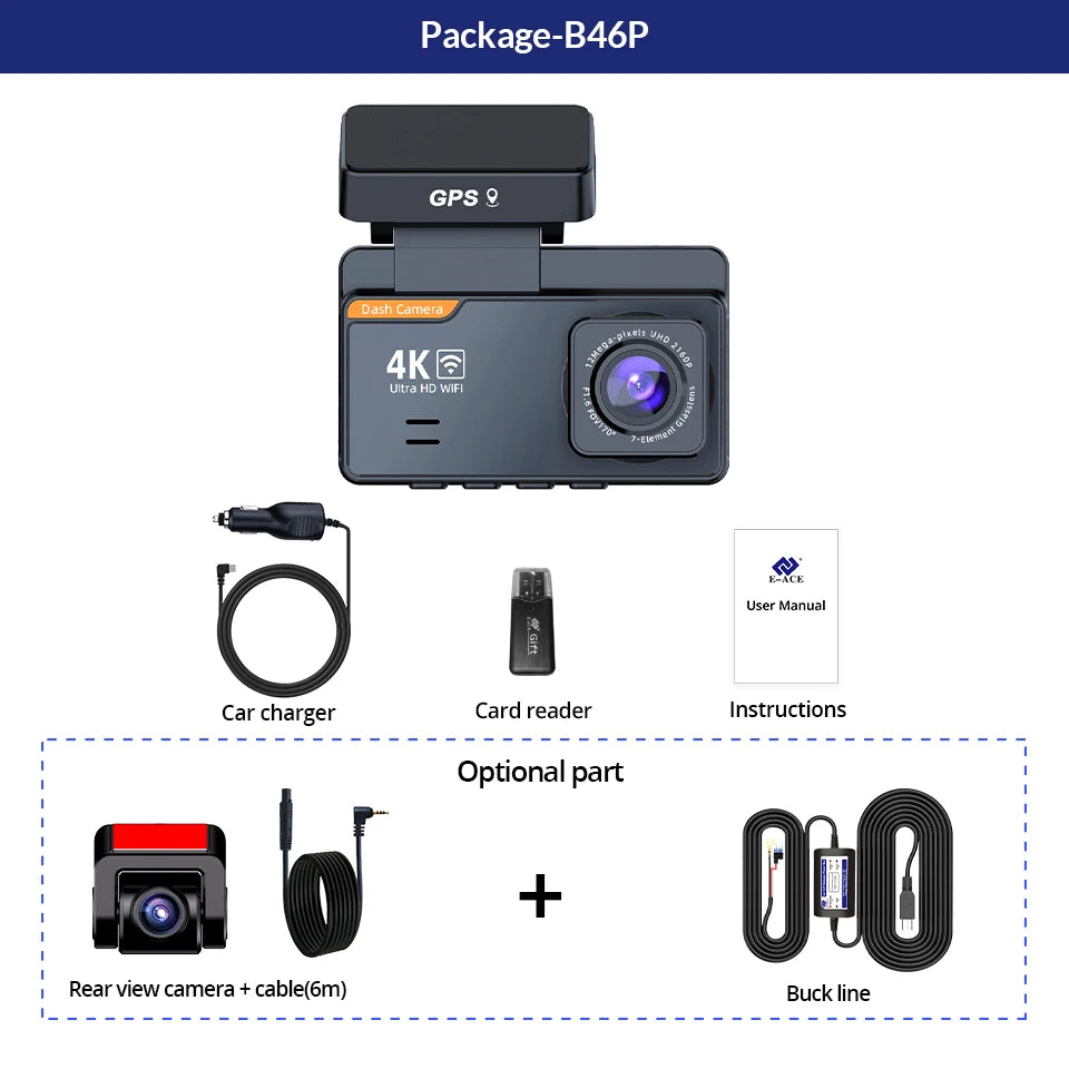 E-ACE Dash Cam 4K 3 Inch Mini Car Dvr Dual Lens