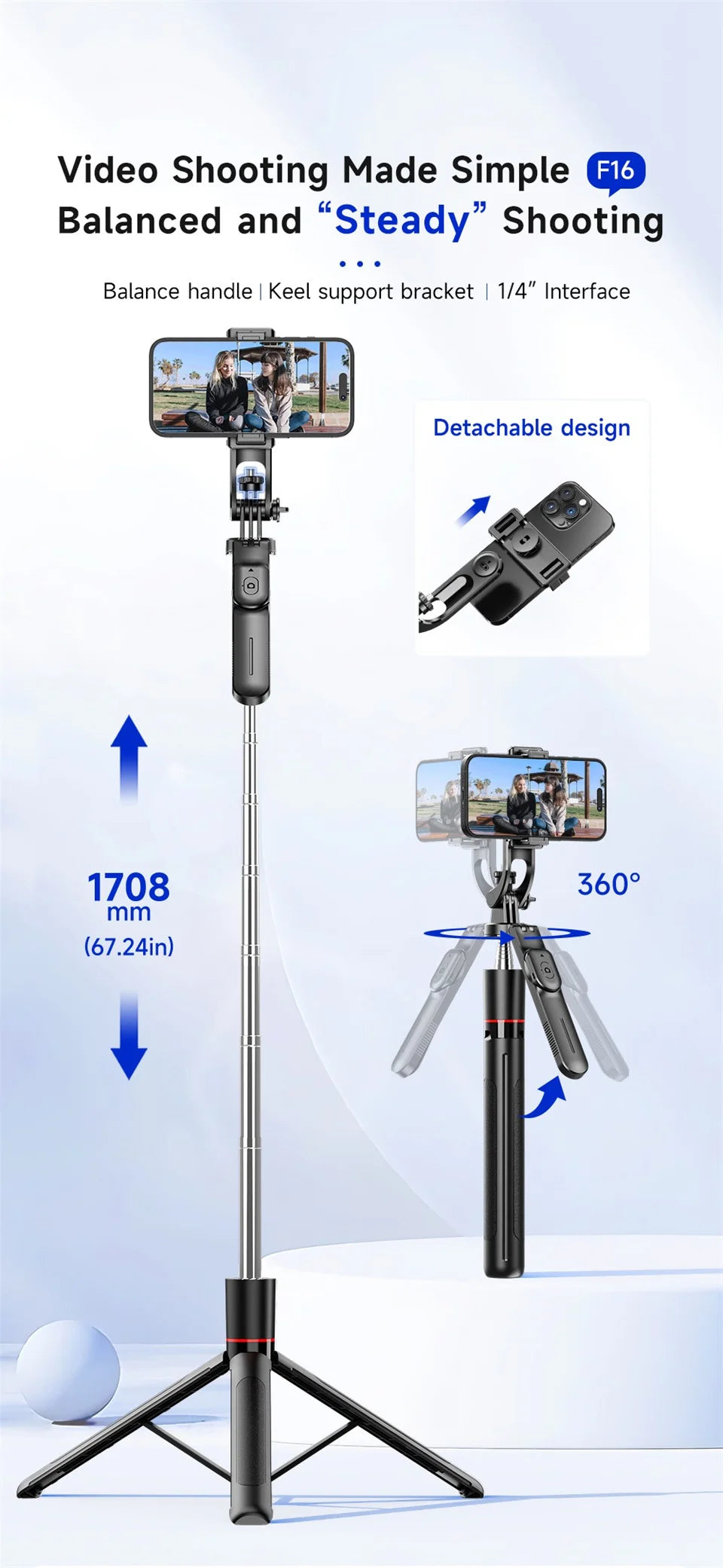 Selfie Stick Tripod with 1708mm Long Monopod Fill Light