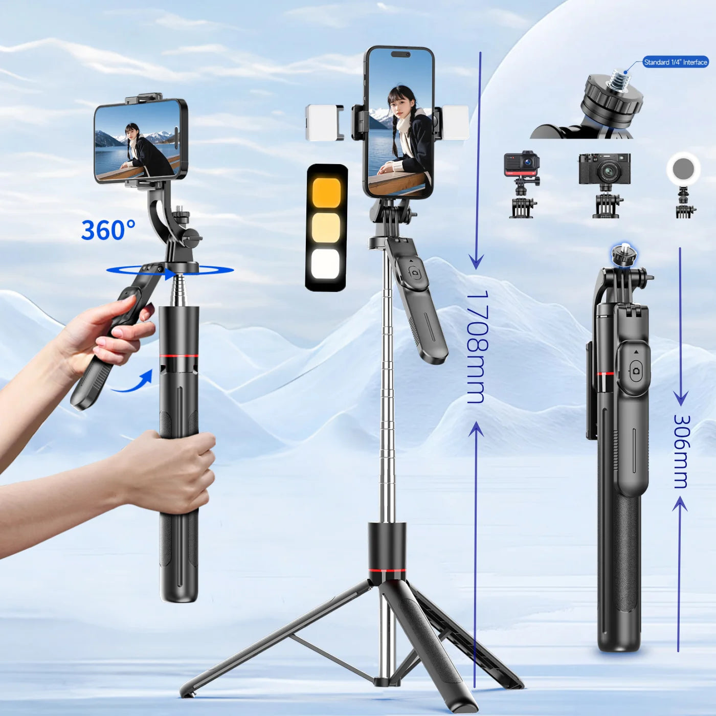 Selfie Stick Tripod with 1708mm Long Monopod Fill Light