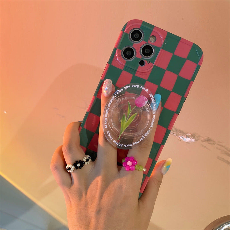 Green Checkered Tulip Stand Protective Cover Mobile Phone Case Drop