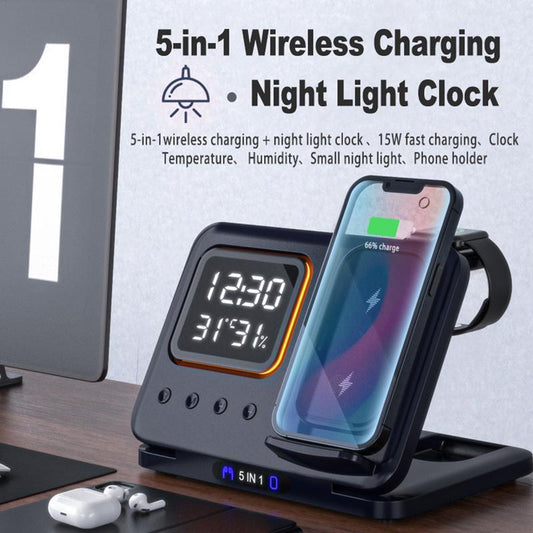 15W Wireless Chargers Stand 5 In1 LED Digital Fast Charging