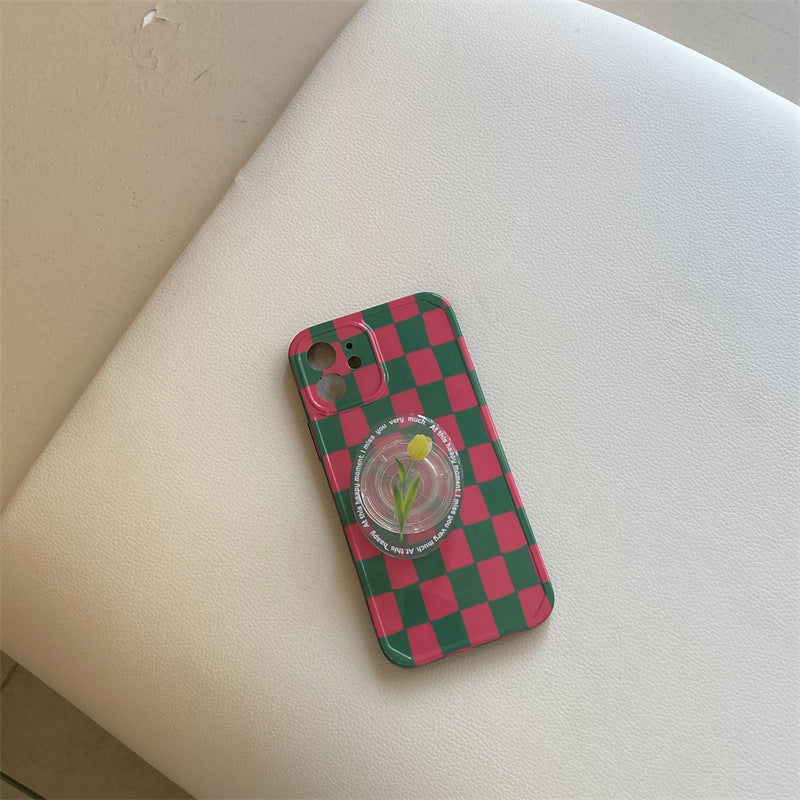 Green Checkered Tulip Stand Protective Cover Mobile Phone Case Drop