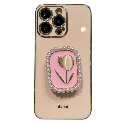 Electroplating Tulip Pearl Stand Phone Case