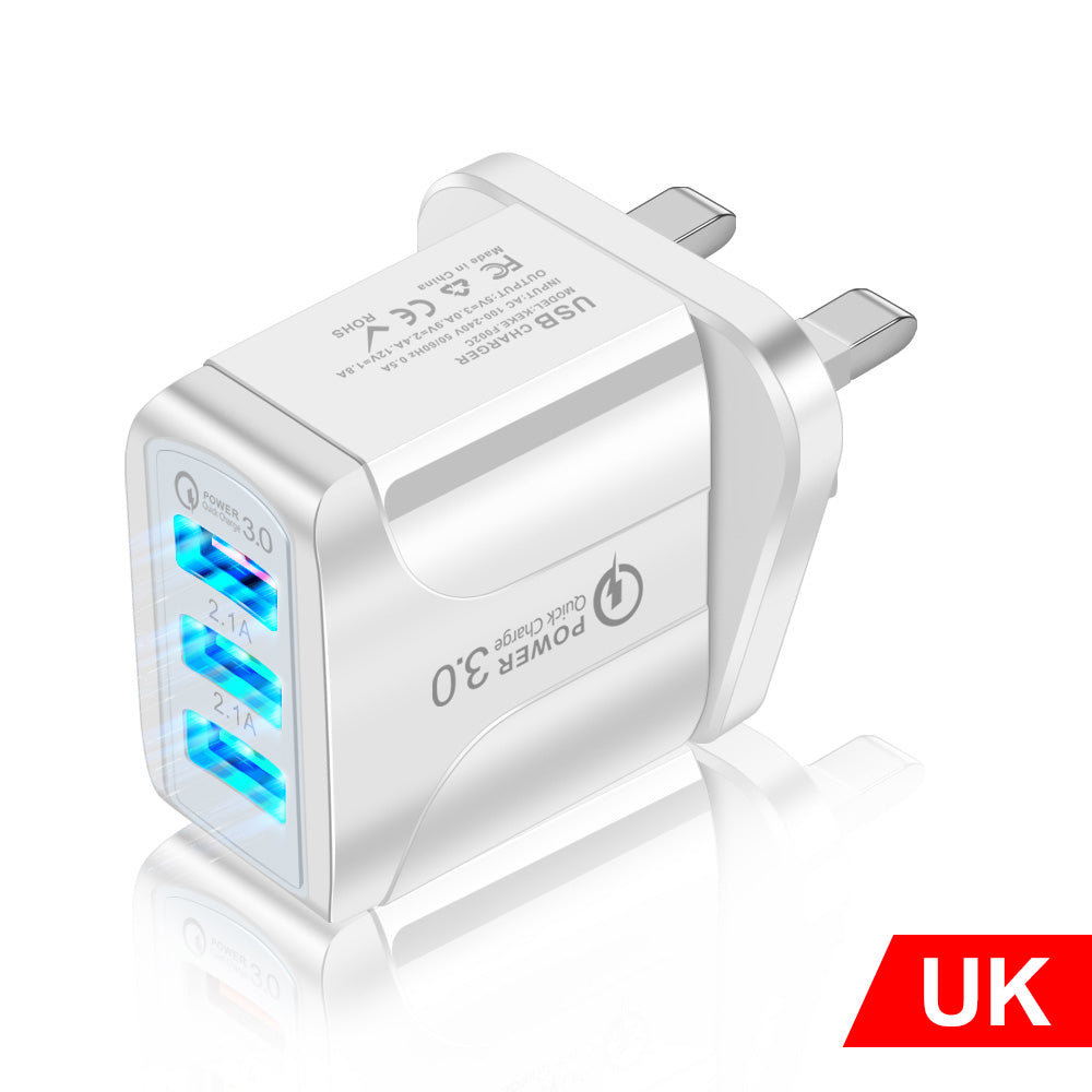 3usb mobile phone charger with blue LED