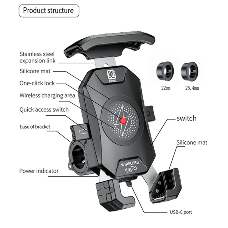 Motorcycle Phone Holder 15W Wireless Charger