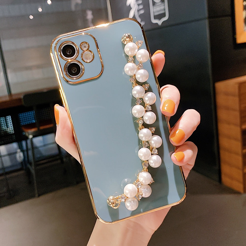 6D Plating Pearl Chain Phone Case