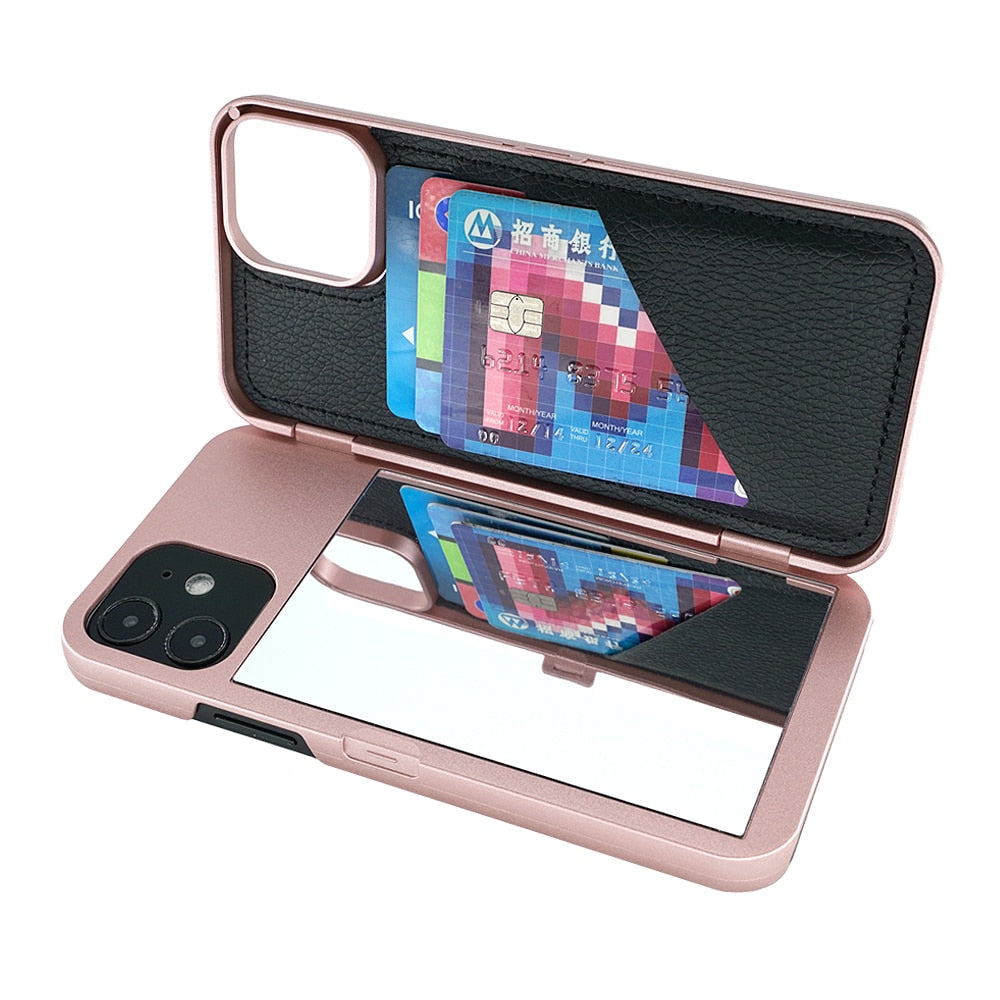 Card Slot Wallet Mirror Women Cover Flip