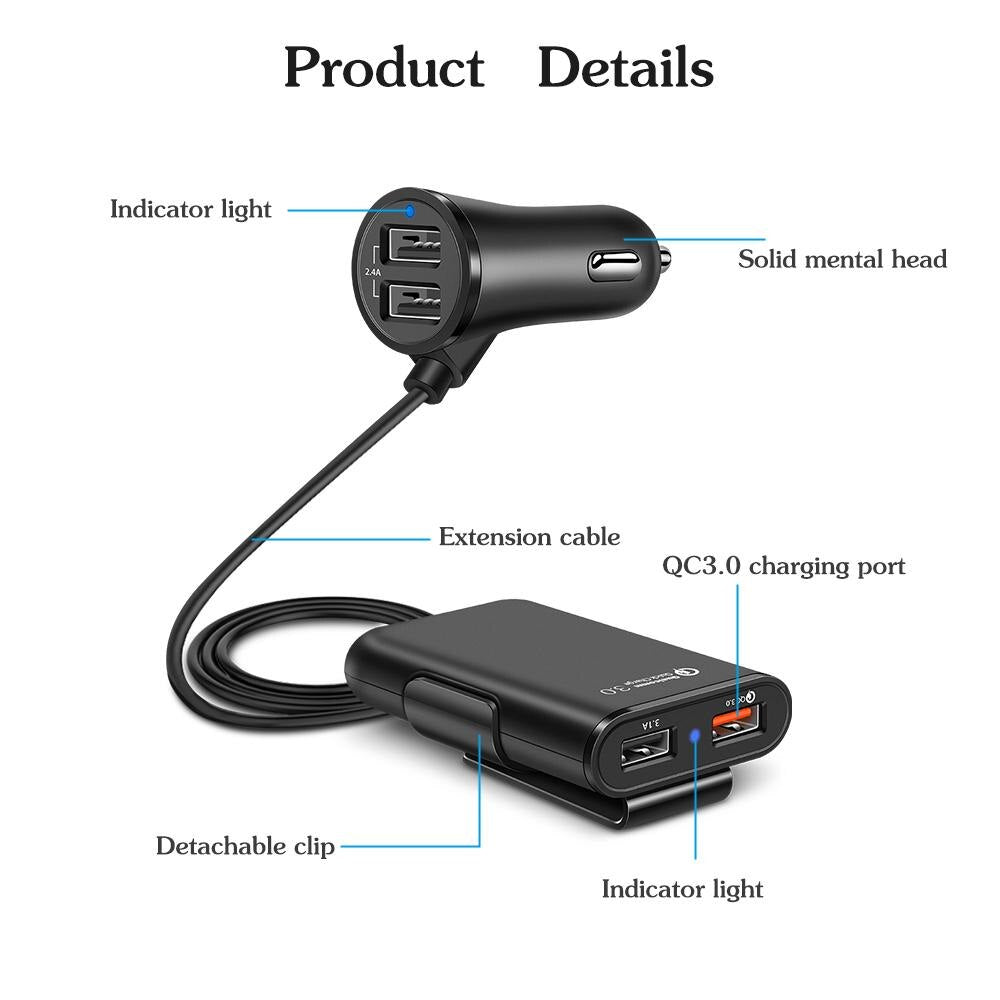 36W Quick Charge 3.0 USB Car Charger Extension