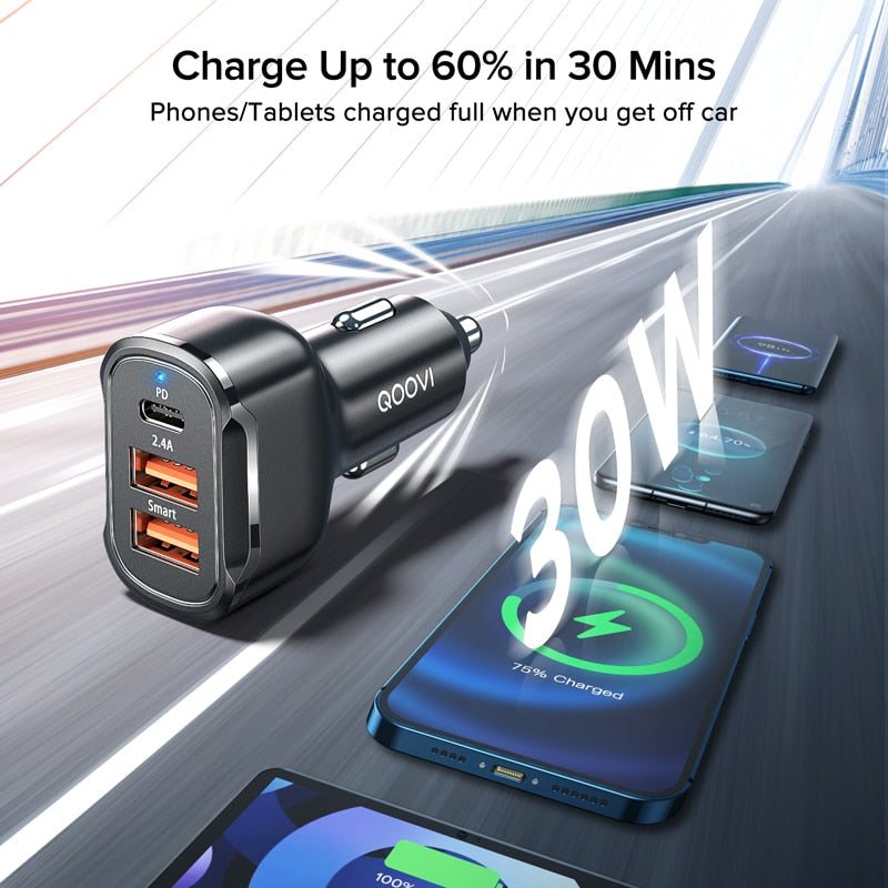 30W PD USB C Car Charger Quick Charge Phone Charger