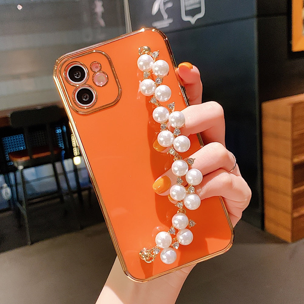 6D Plating Pearl Chain Phone Case